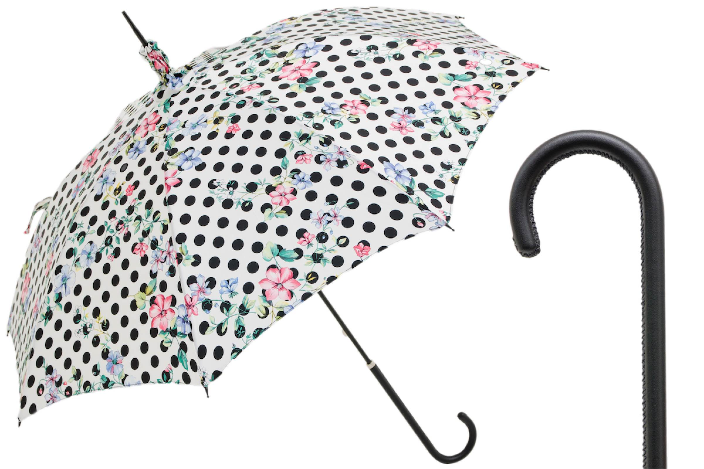Vintage Polka Dot Parasol – Romantic Floral Trim Umbrella with Leather Handle