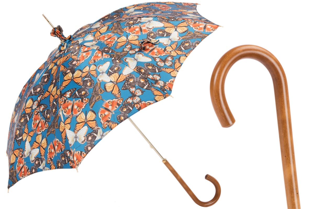 Handmade butterflies parasol umbrella with rainproof canopy and Malacca handle, stylish Pasotti rain umbrella.