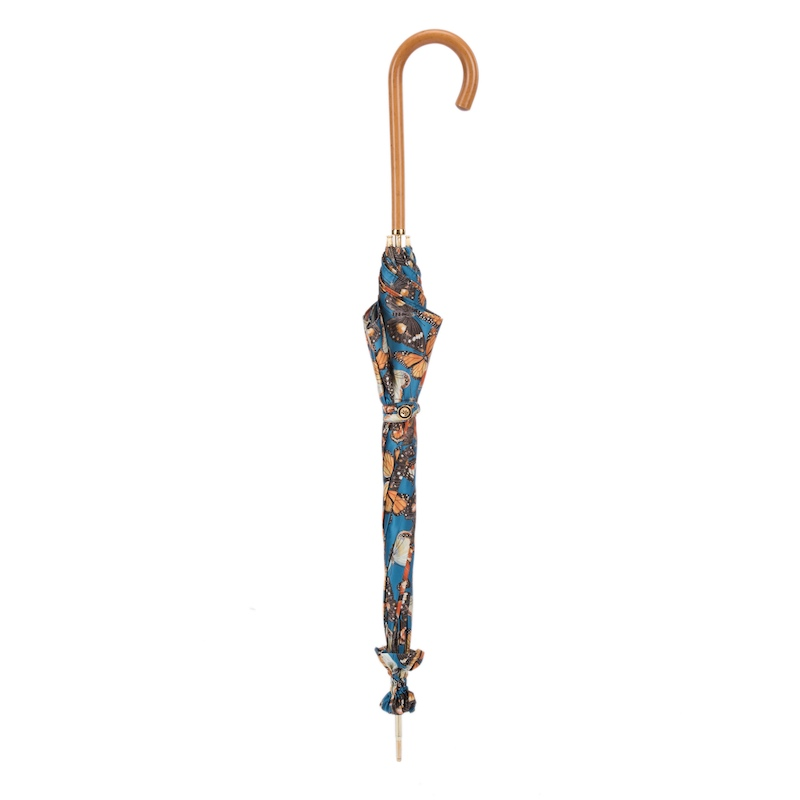 Handmade Pasotti butterfly parasol rain umbrella with rainproof canopy and decorative Malacca handle, open to show colorful butterfly design.