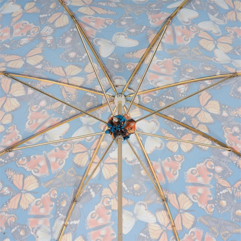 Handmade Pasotti butterfly rain umbrella with rainproof canopy and elegant Malacca handle, showcasing vibrant butterfly design.