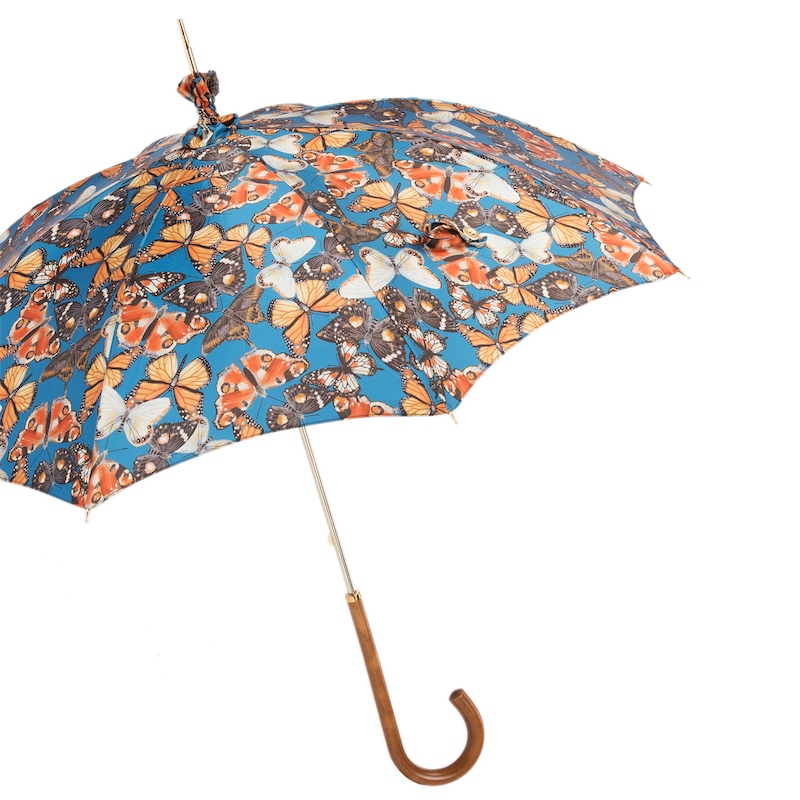 Handmade Pasotti Butterflies Parasol rain umbrella with rainproof canopy and elegant Malacca handle, featuring butterfly design.