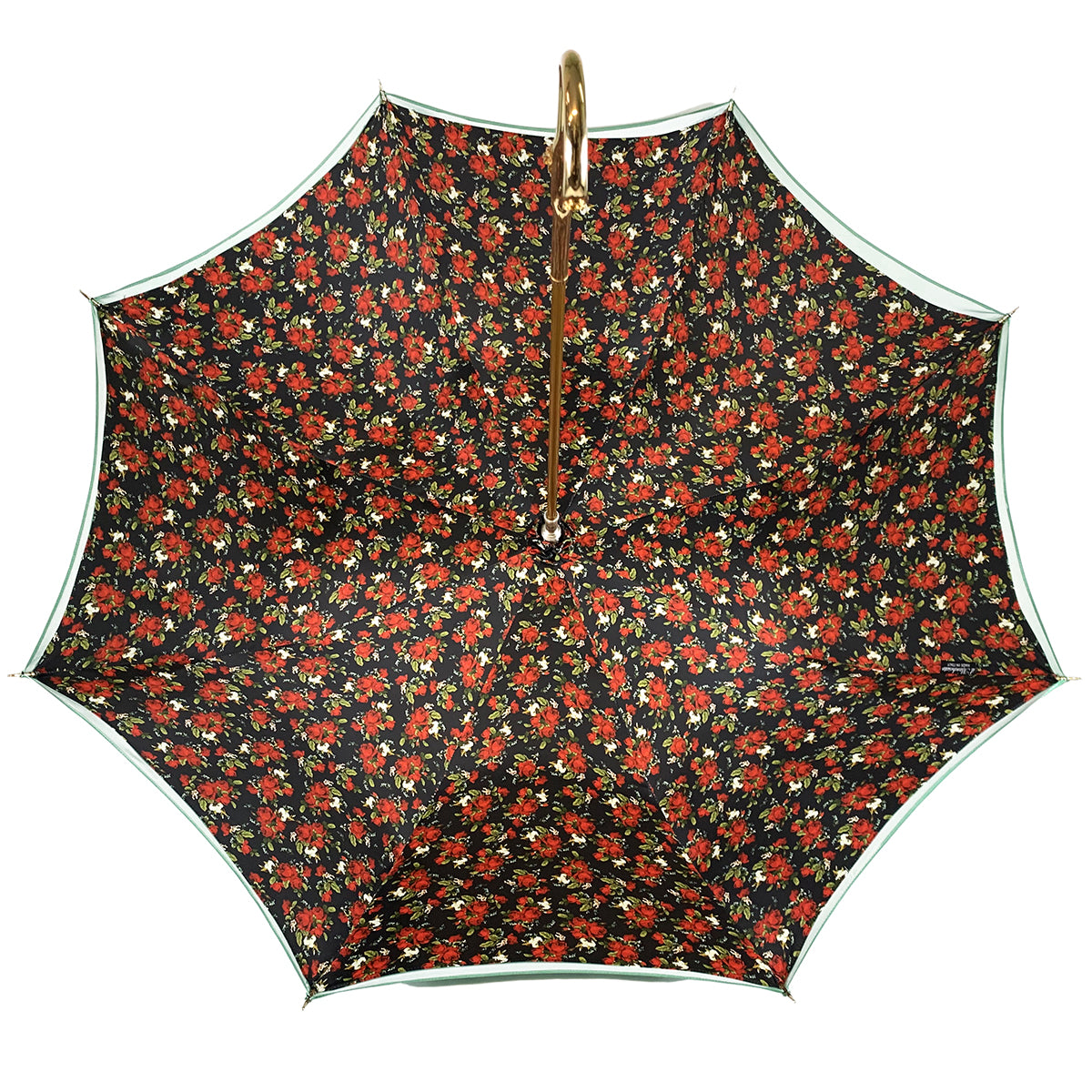 Gradient green luxury umbrella featuring an enamel rose handle by Ilmarchesato, open against a neutral background.