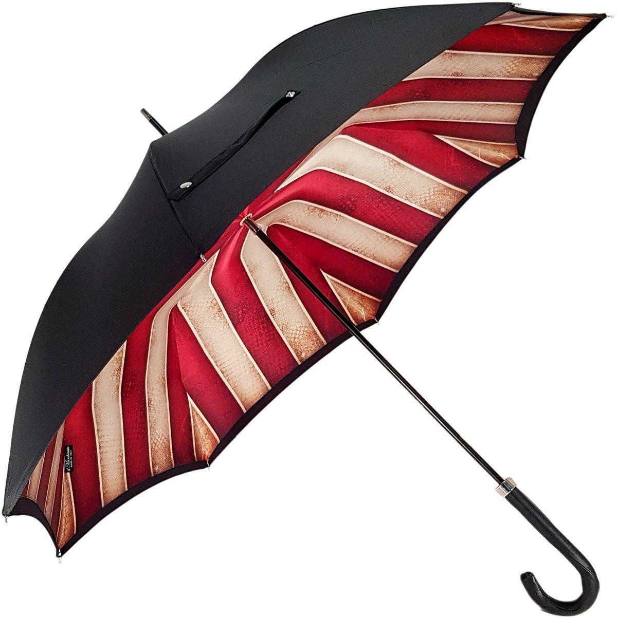 Handcrafted Leather Umbrella – Luxury Striped Red Cream Canopy, Durable Rain Protection