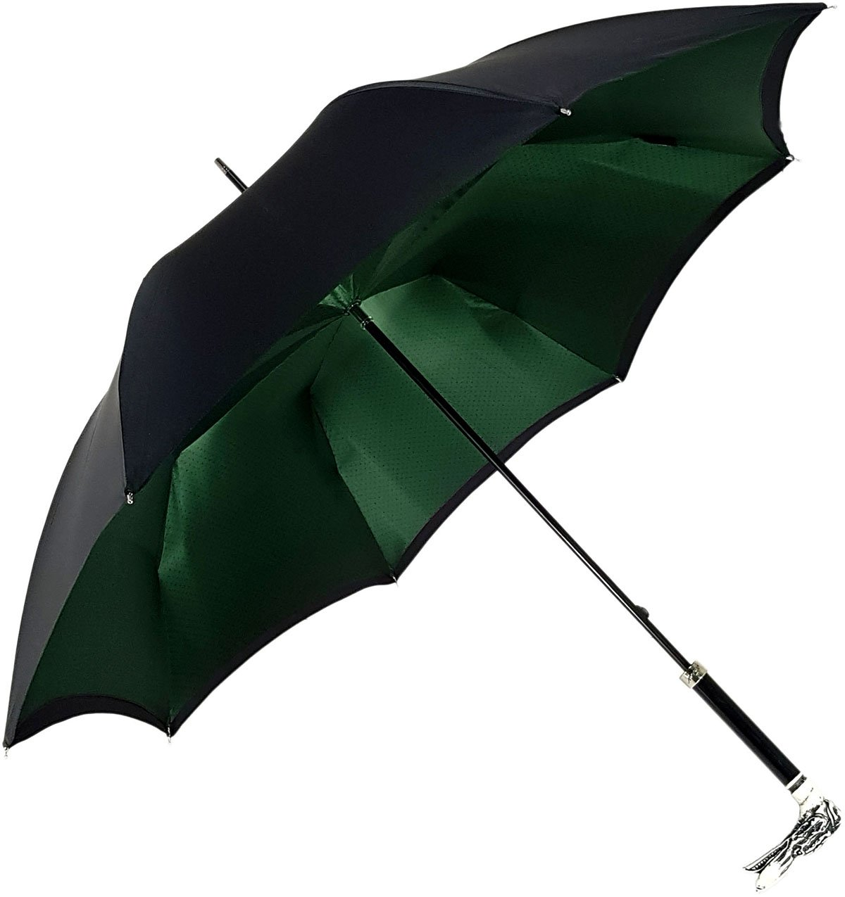 Men's Double Canopy Umbrella - Luxury Italian Polyester, Dog Handle, Black Green Satin