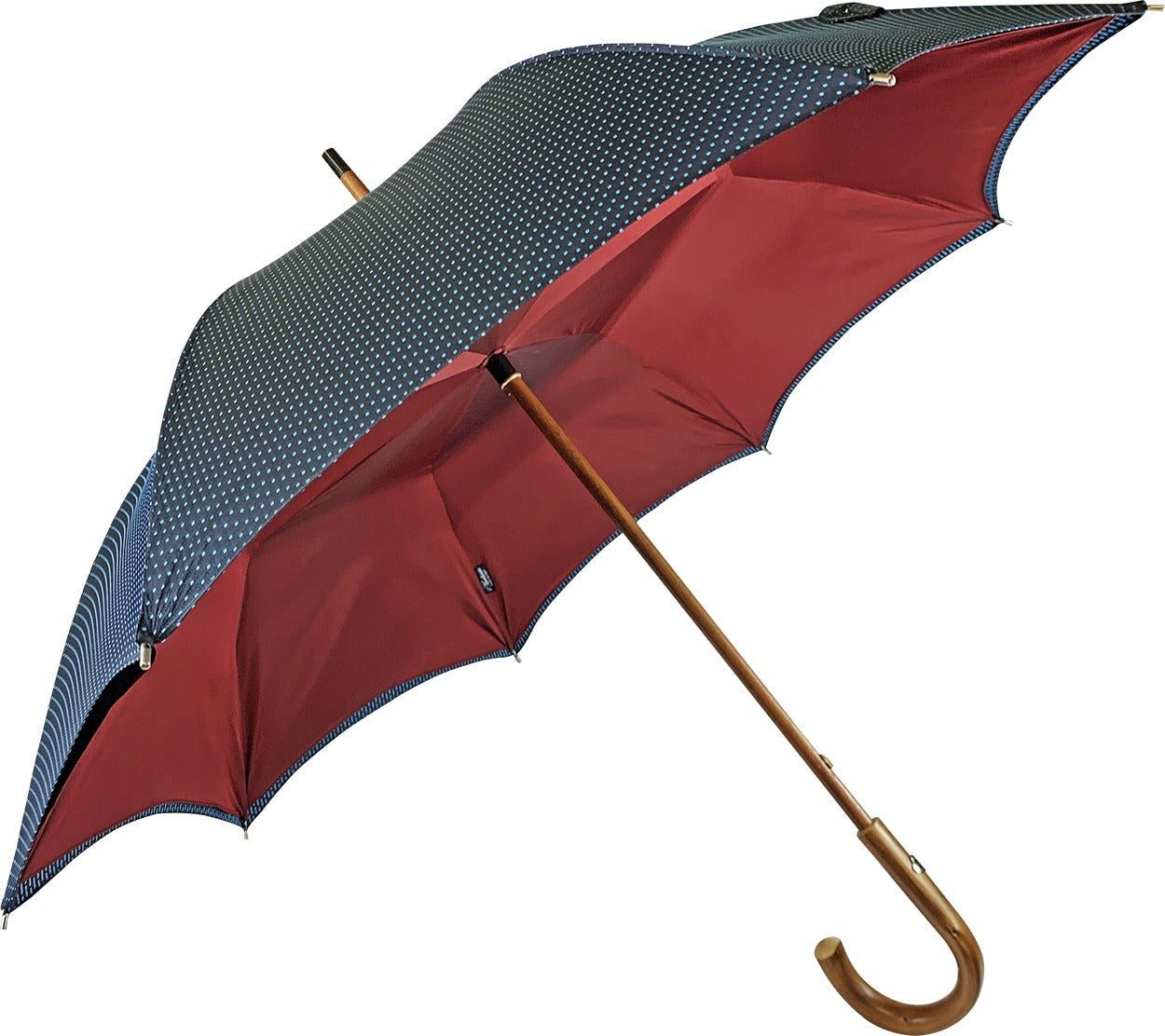 Men's Double Canopy Umbrella – Navy Blue Rain Umbrella with Wooden Handle & Dot Pattern