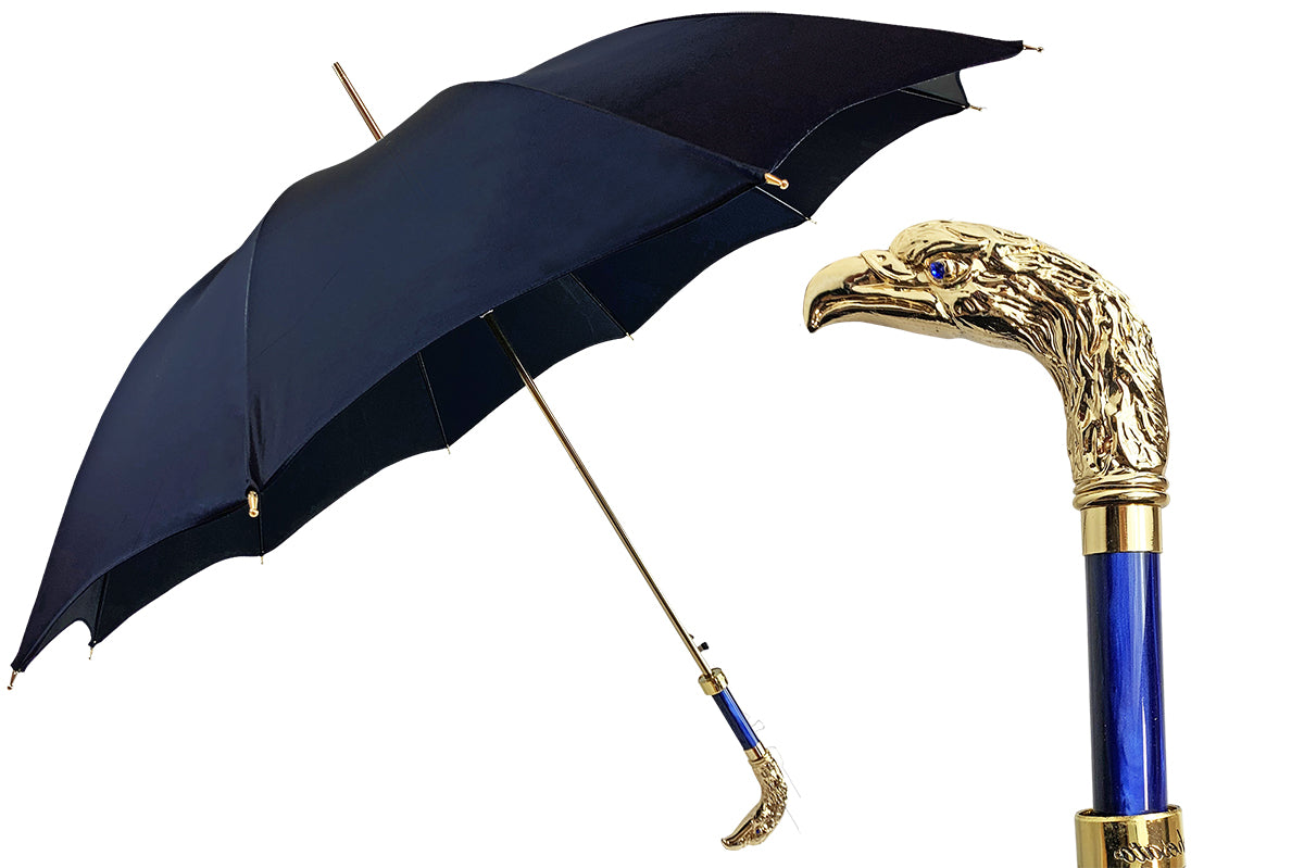 Luxury Men's Umbrella – Blue Canopy, 24K Gold Eagle Handle, Carbon Fiber Ribs