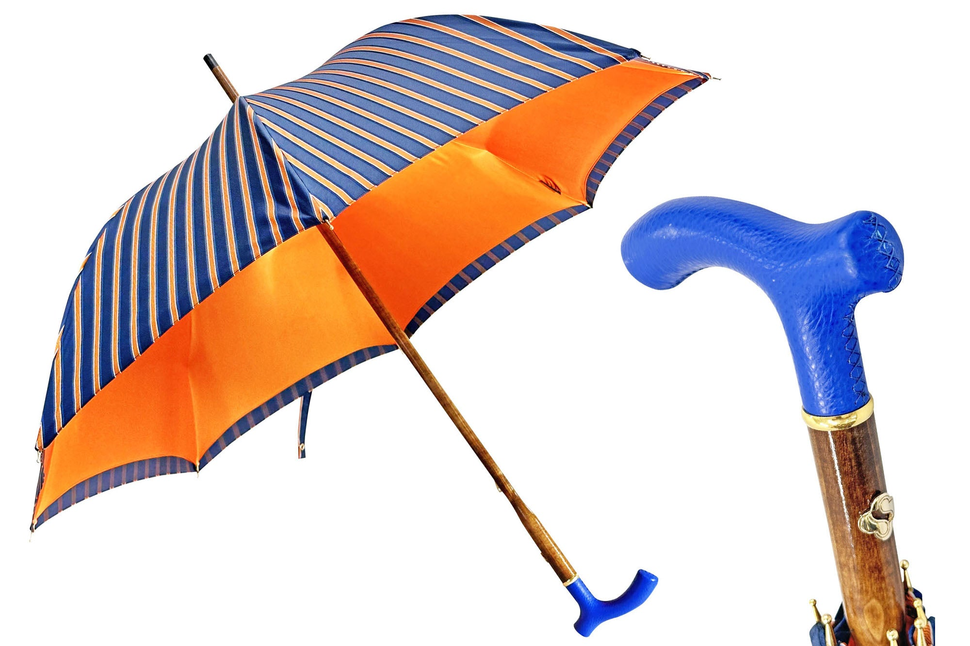 Orange Striped Umbrella – Handcrafted Leather Handle, Italian Made Luxury Men's Rain Umbrella