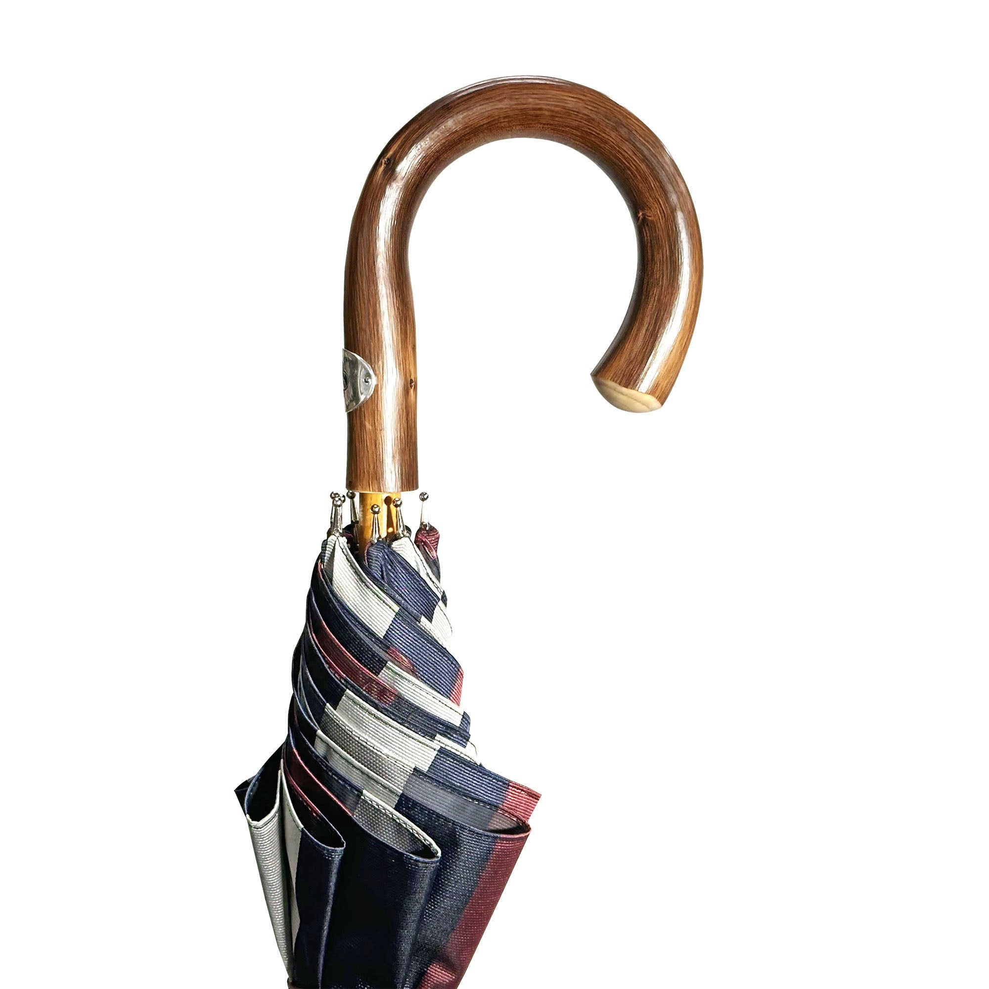 Men's Double Canopy Umbrella – Grey Rain Umbrella With Striped Interior & Chestnut Wood Handle