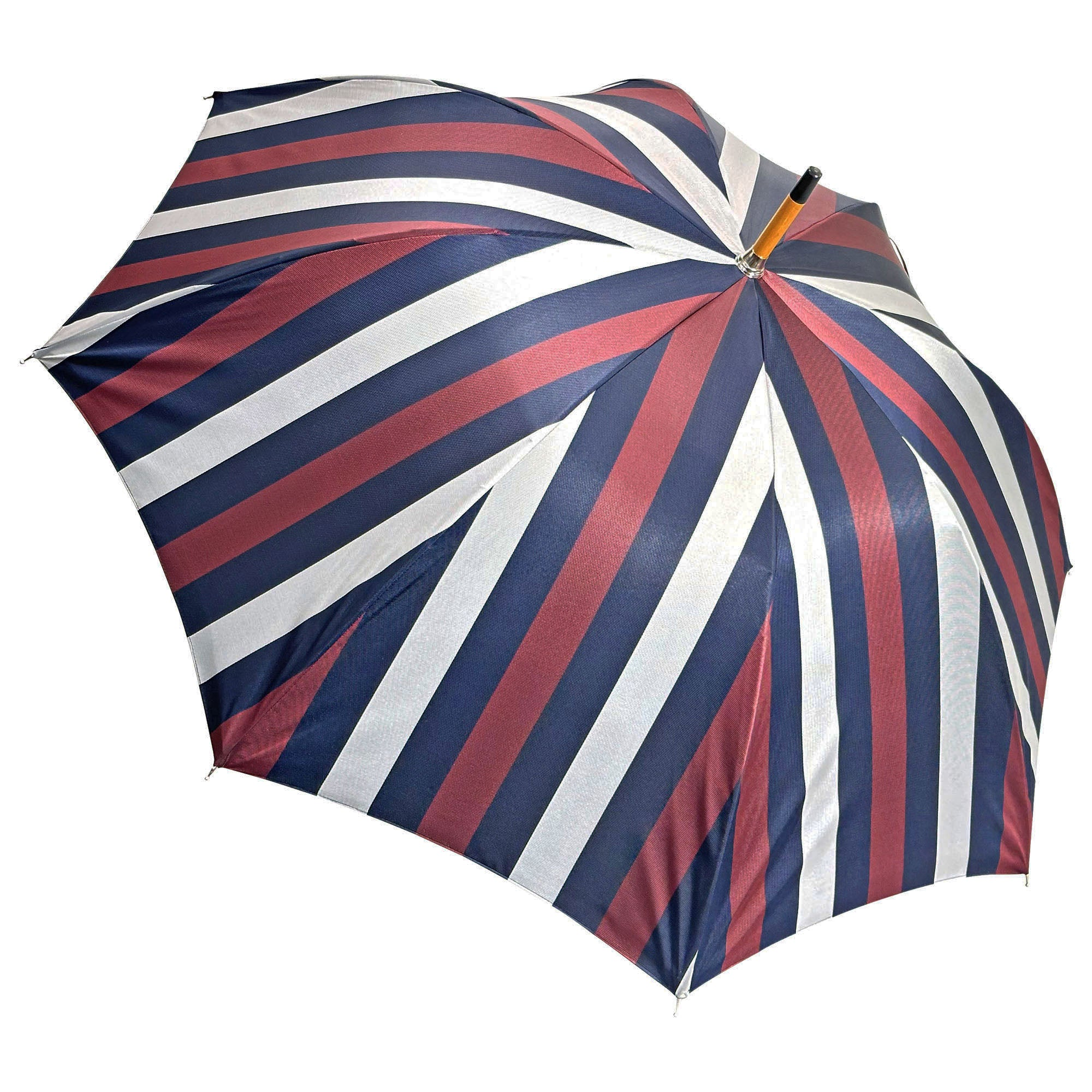 Men's Double Canopy Umbrella – Grey Rain Umbrella With Striped Interior & Chestnut Wood Handle