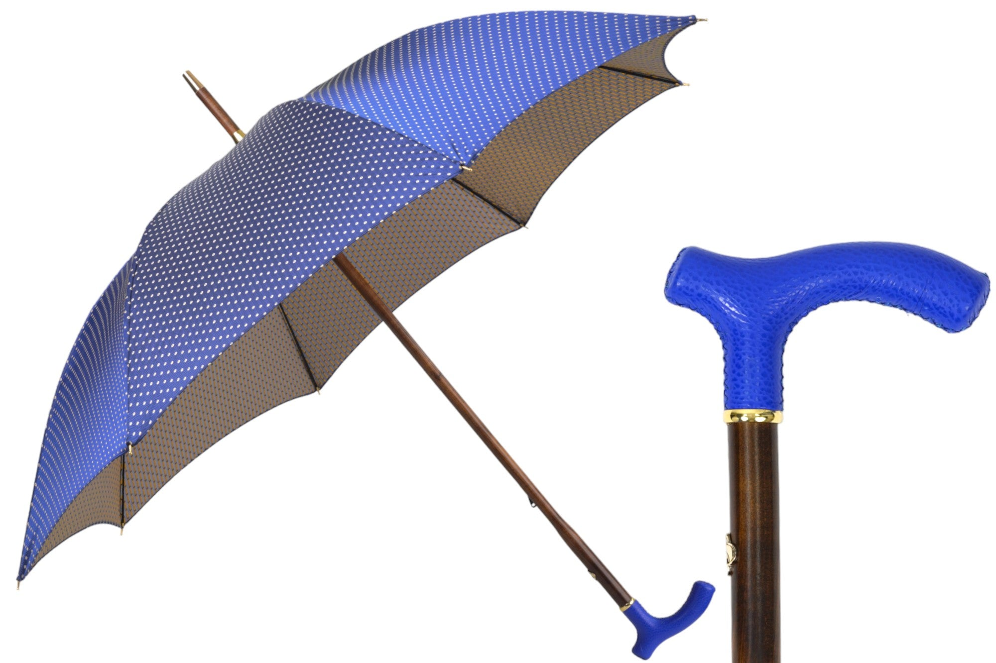 Designer Umbrella – Blue Leather Handle, Flamed Beech Wood Shaft, Luxury Rain Gear