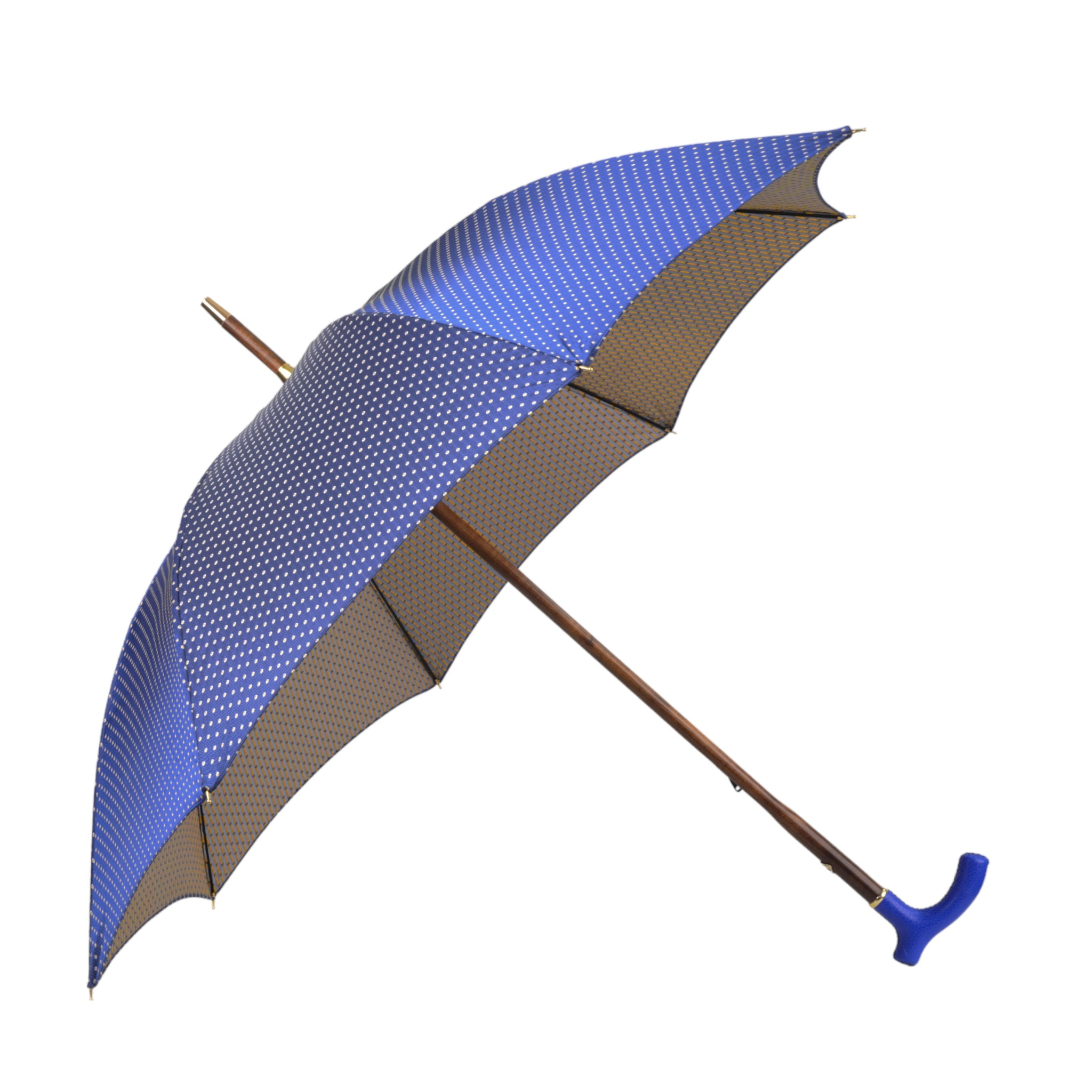 Designer Umbrella – Blue Leather Handle, Flamed Beech Wood Shaft, Luxury Rain Gear