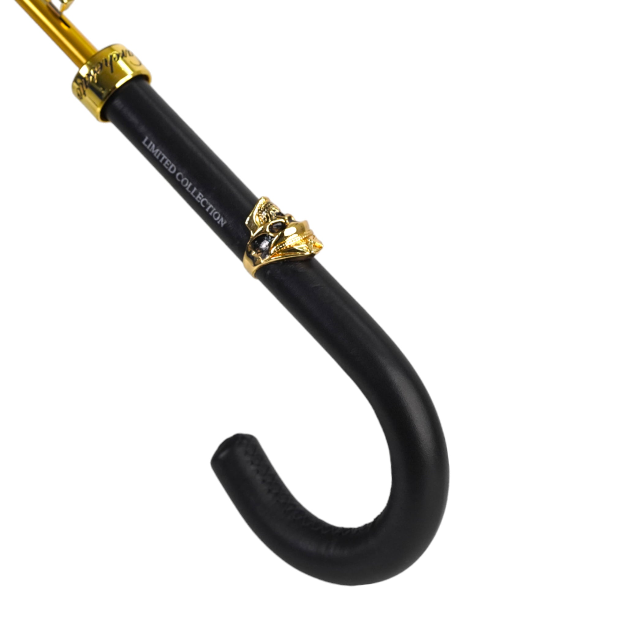 Luxury Black Gold Umbrella – Italian Handmade Leather Handle With Skull Detail