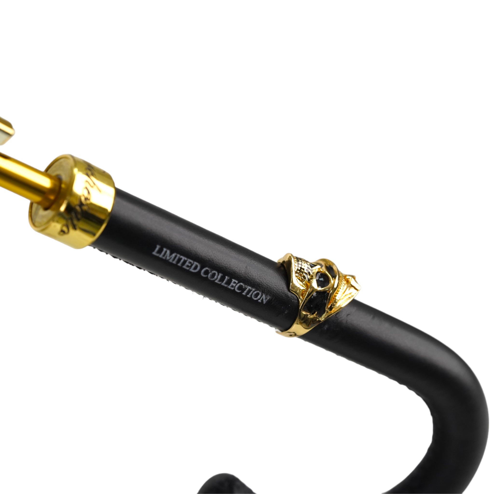 Luxury Black Gold Umbrella – Italian Handmade Leather Handle With Skull Detail