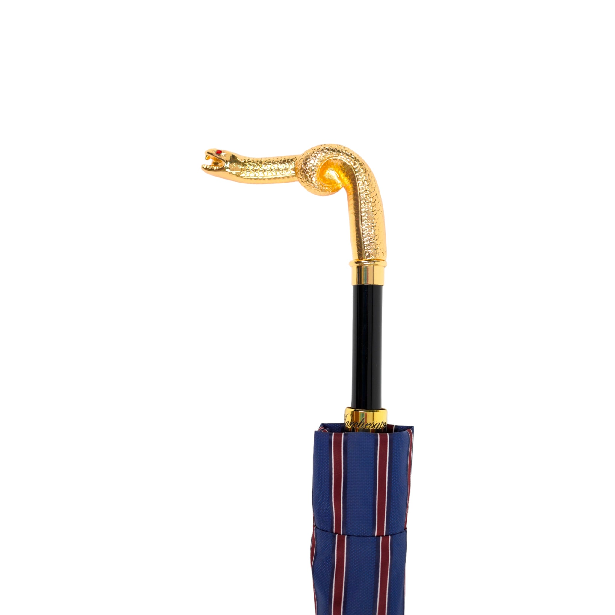 Luxury Men's Umbrella – Blue & Bordeaux Striped with Gold Snake Handle, Automatic Open