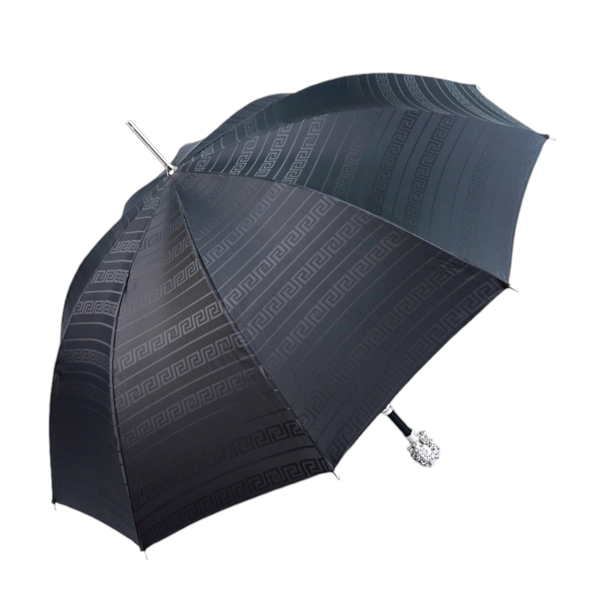 Silverplated Medusa Umbrella – Black Greek Pattern Automatic Opening Rain Umbrella