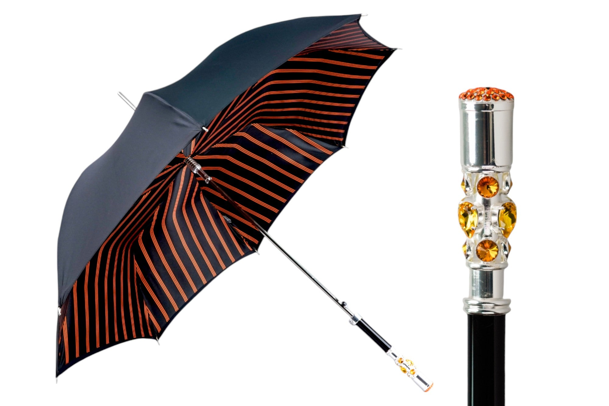 Luxury Striped Umbrella – Silver Plated Handle with Topaz Crystal Detail, Automatic Opening
