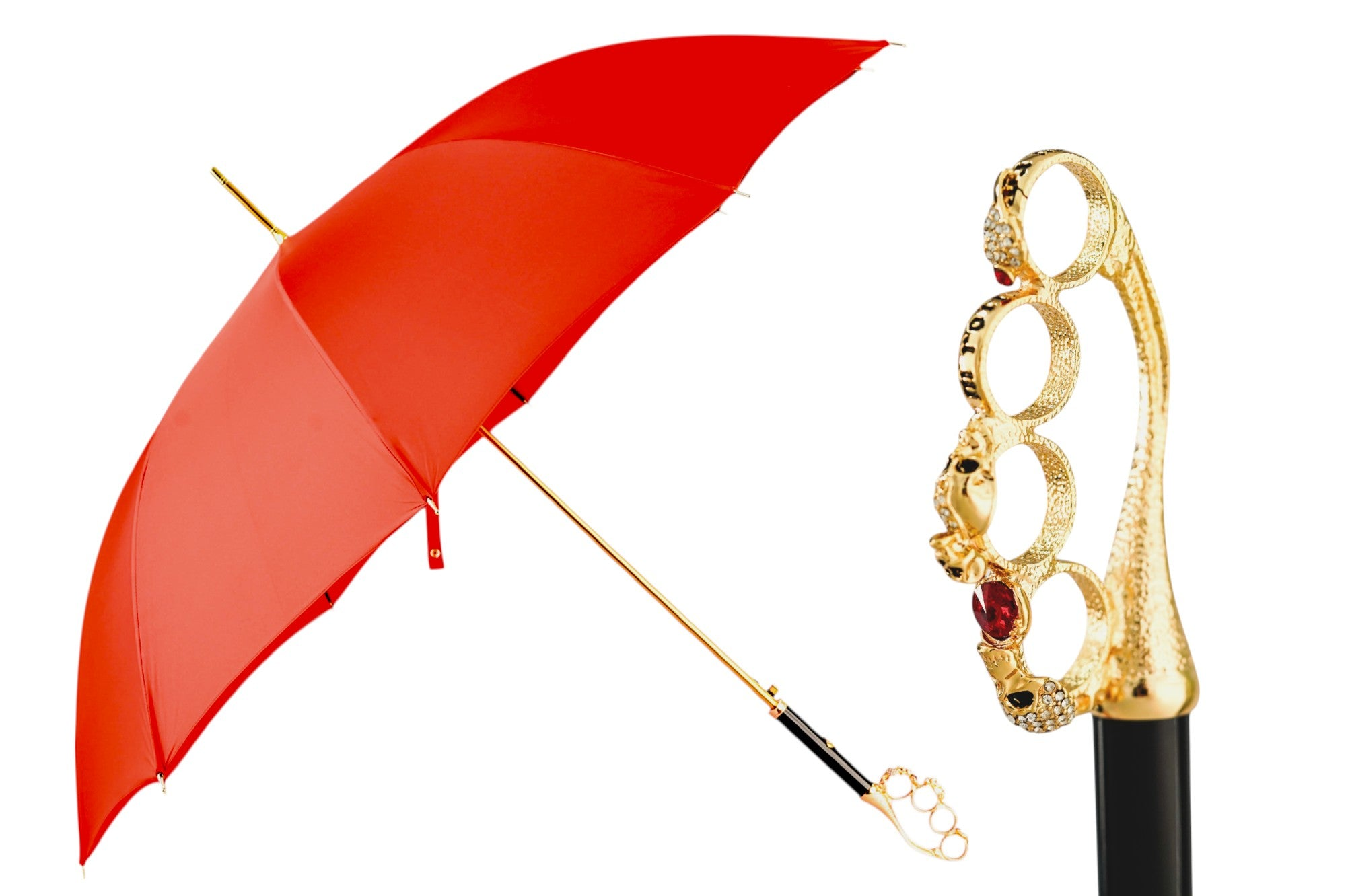 Luxury Red Umbrella – Handmade Italian Men's Rain Umbrella with Gold Handle & Crystal Embellished Design