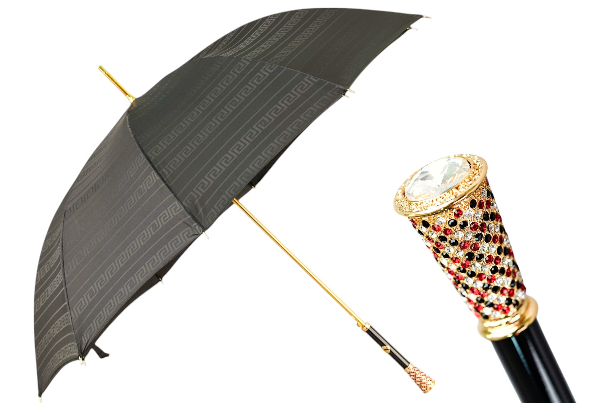 Luxury Ilmarchesato men's black Greca umbrella with gold handle and crystal accents, stylish rain umbrella for men.