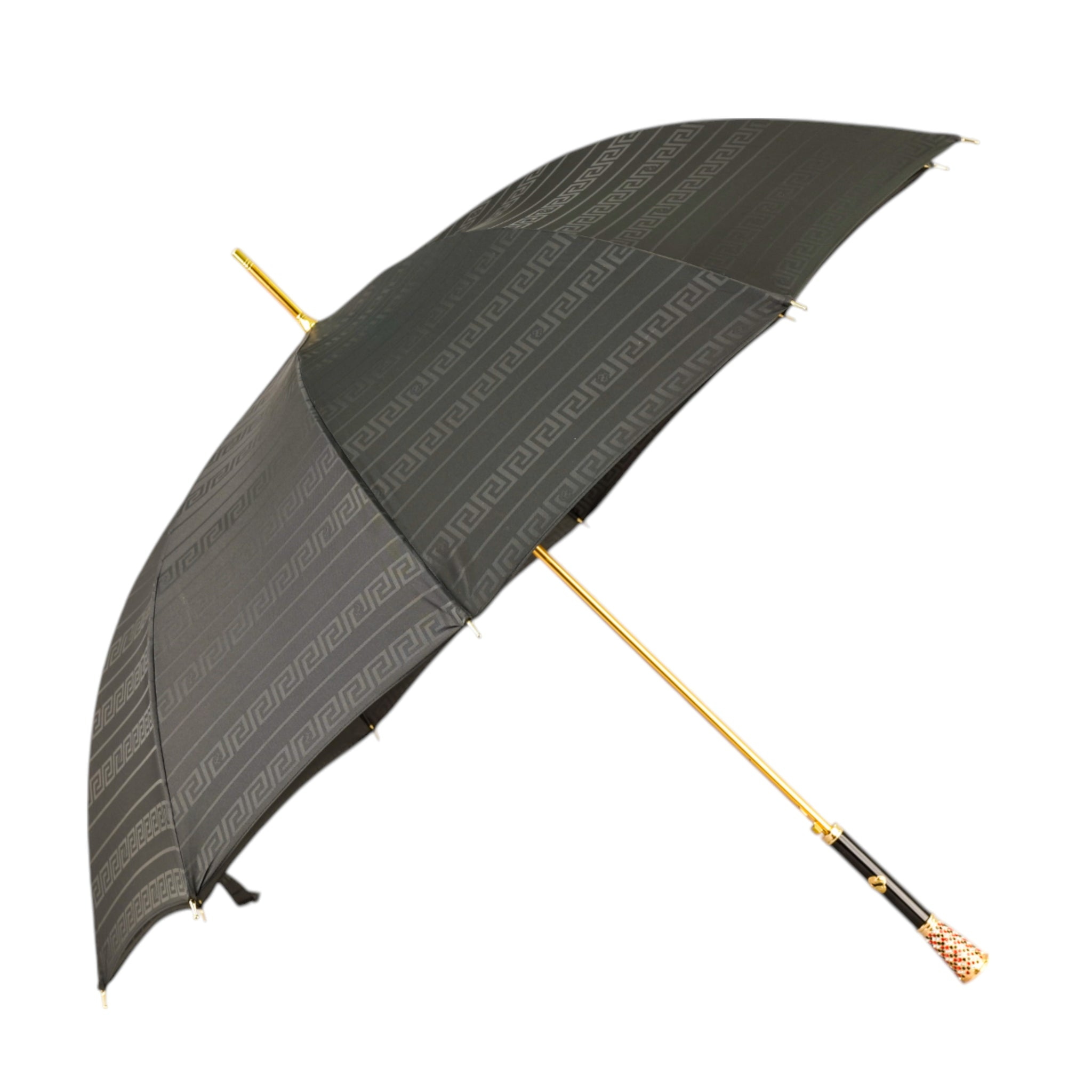 Black Greca men's umbrella by Ilmarchesato with gold handle and crystal accents, showcasing elegant design and craftsmanship.
