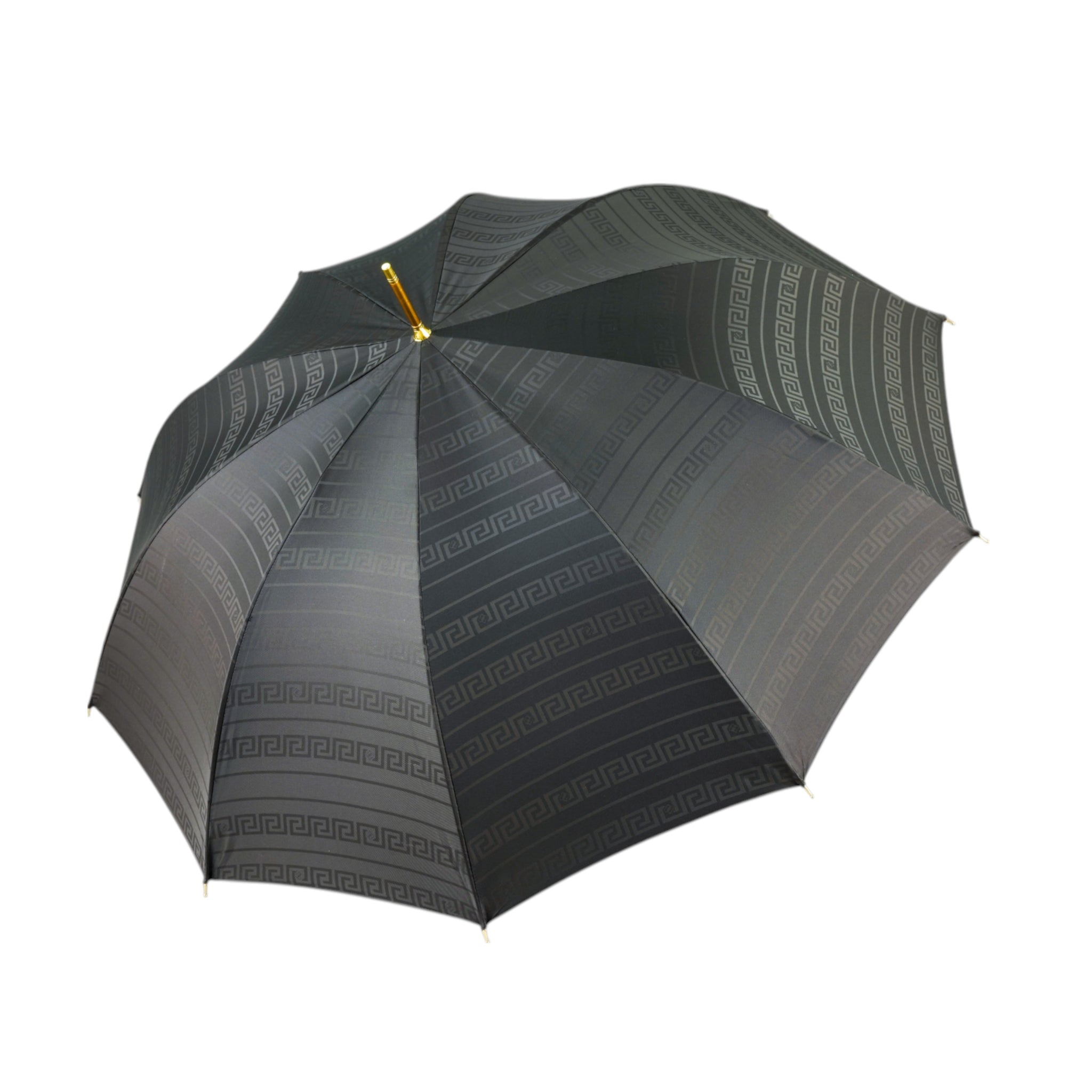 Black Greca men's umbrella with gold handle and crystal set, luxury rain umbrella by Ilmarchesato, stylish and elegant.