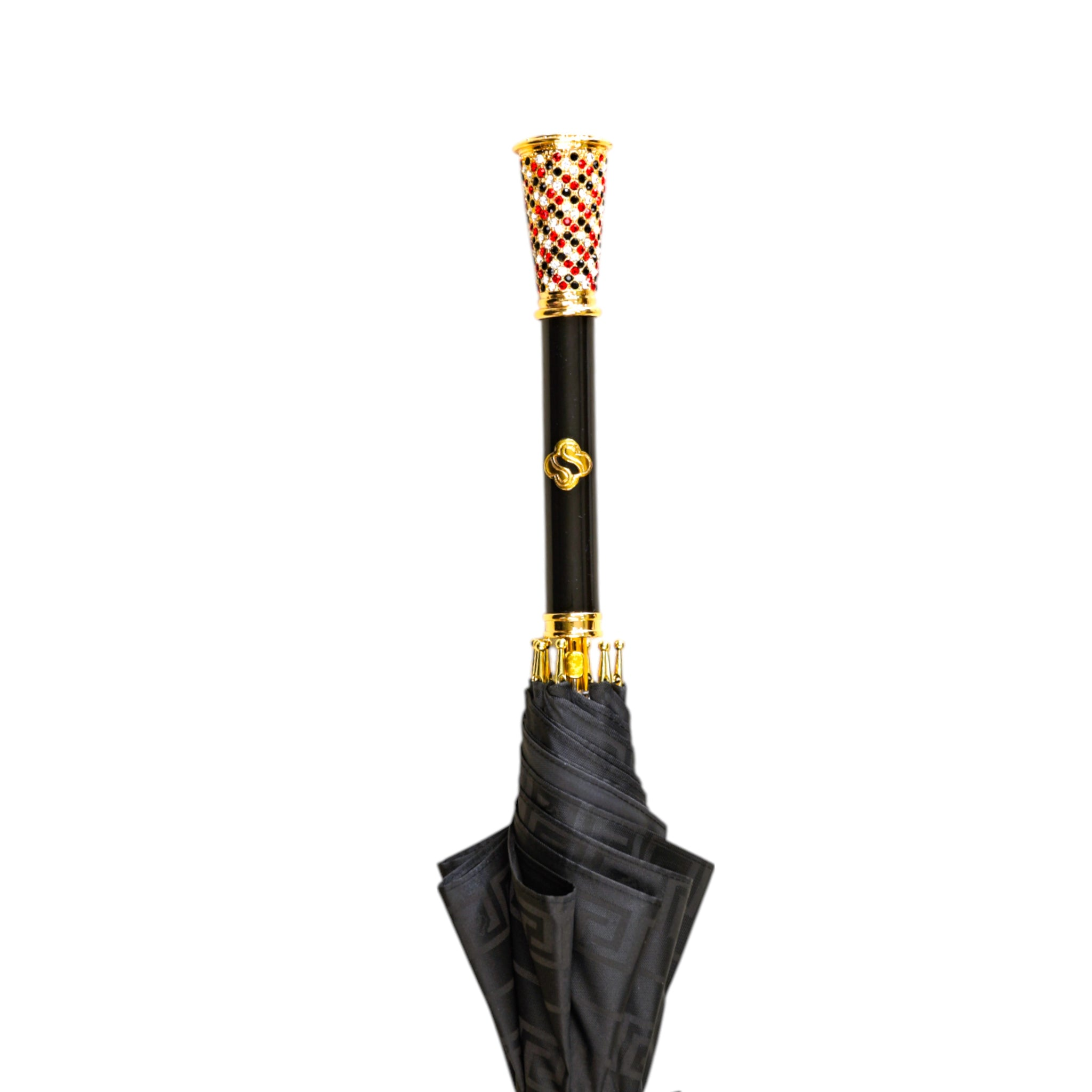 Black Greca men's umbrella by Ilmarchesato with gold handle and crystal set, stylish rain protection accessory.