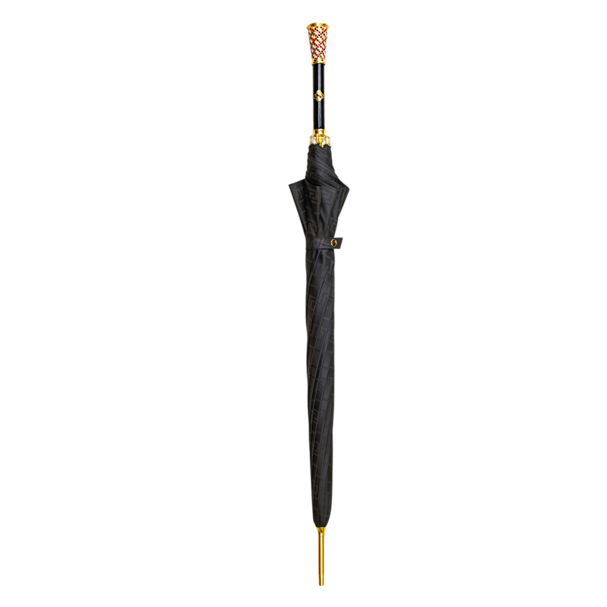 Black Greca men's umbrella with gold handle and crystal set, luxury rain umbrella by Ilmarchesato, stylish and elegant.