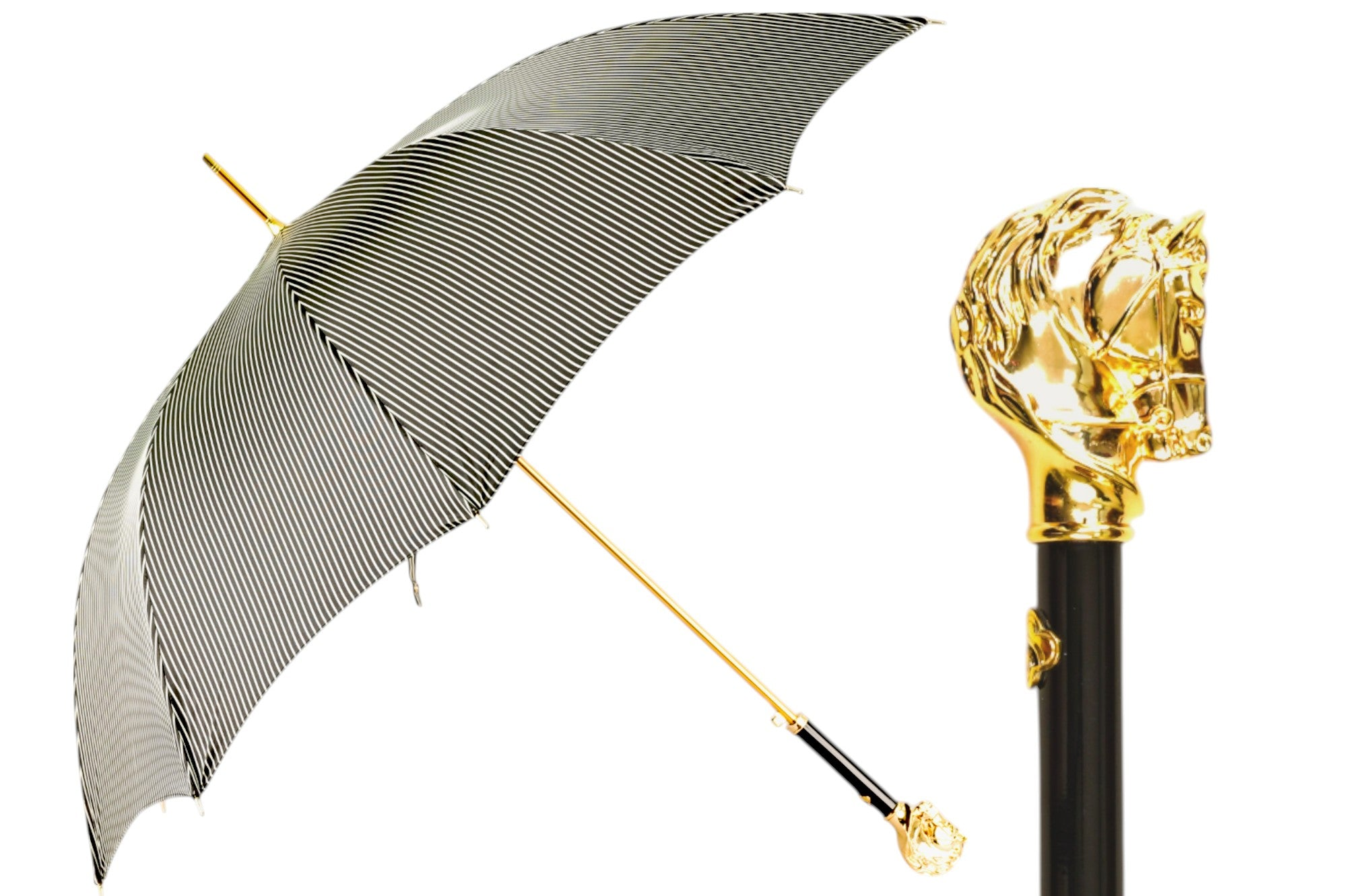 Gentleman's Umbrella – Black Striped Luxury Rain Umbrella With 24K Gold Horse Handle