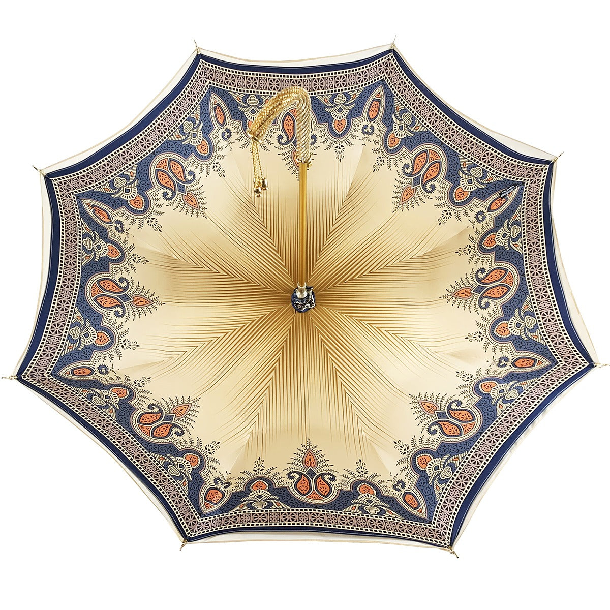 Luxury golden ladies umbrella by Ilmarchesato featuring ornamental Arabic design against a neutral background.