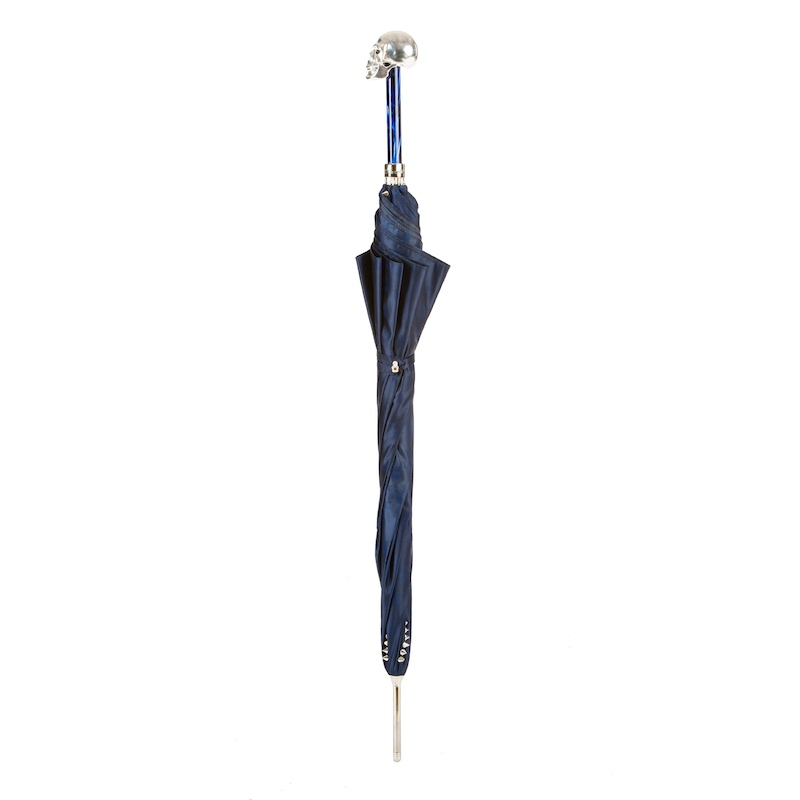Handmade Navy Umbrella – Luxury Studded Canopy with Silver Skull Handle