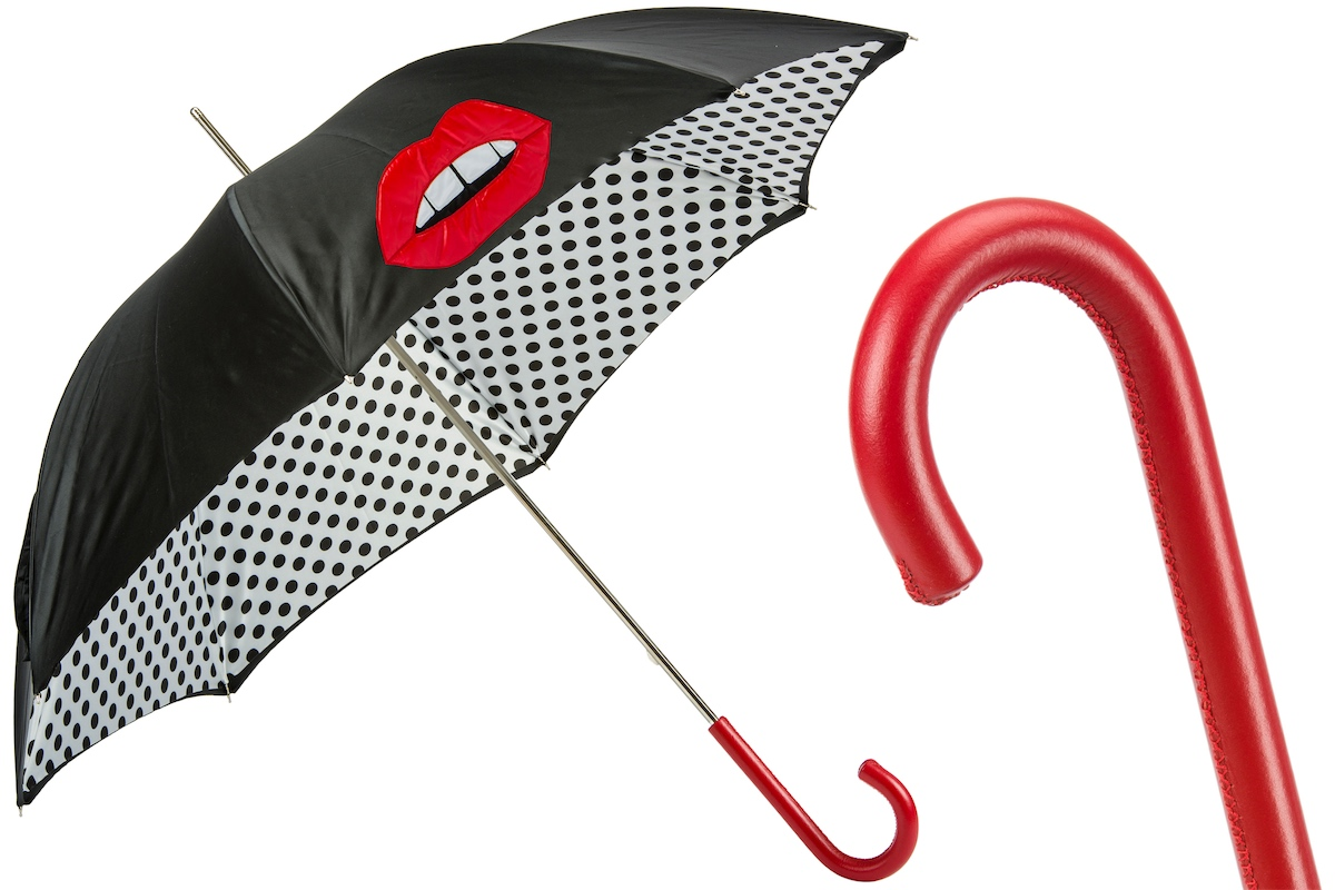 Double Cloth Umbrella – Stylish Polka Dot Interior, Leather Handle, Handmade in Italy
