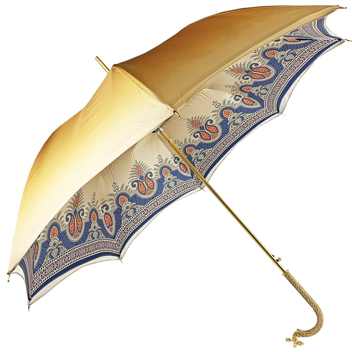 Luxury golden ladies umbrella featuring ornamental Arabic design, perfect for rain, by Ilmarchesato.