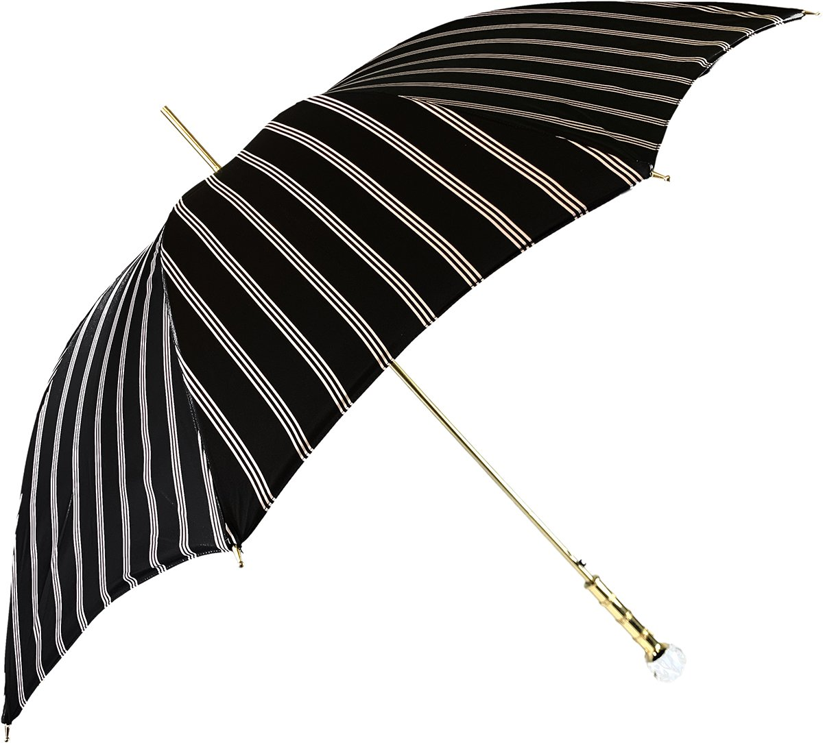 Black and light grey striped men's umbrella by Ilmarchesato with Swarovski crystal handle, showing the stylish design and crystal details.