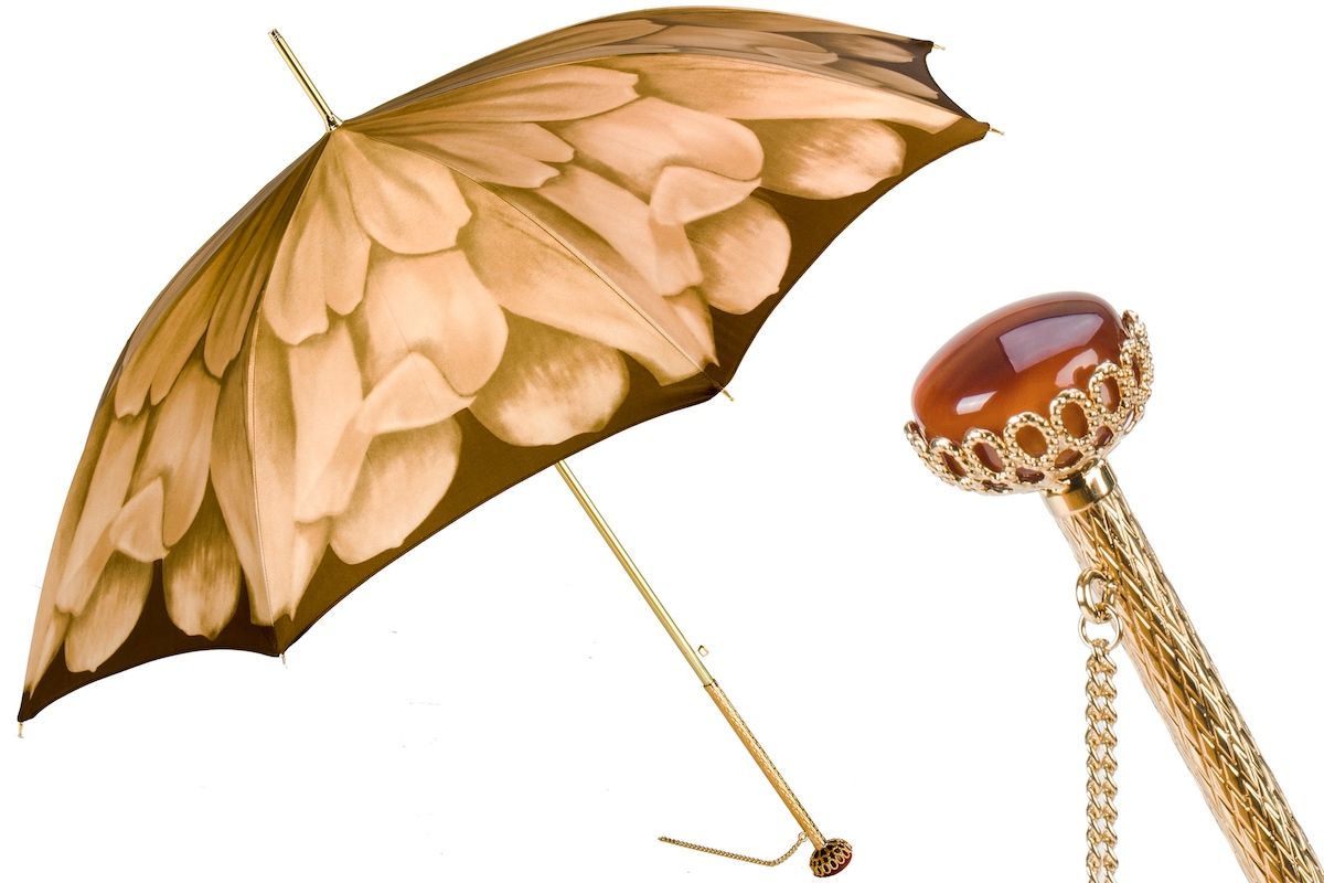 Luxury Dahlia Umbrella – Italian Handmade Designer Rain Umbrella With Jeweled Brass Handle