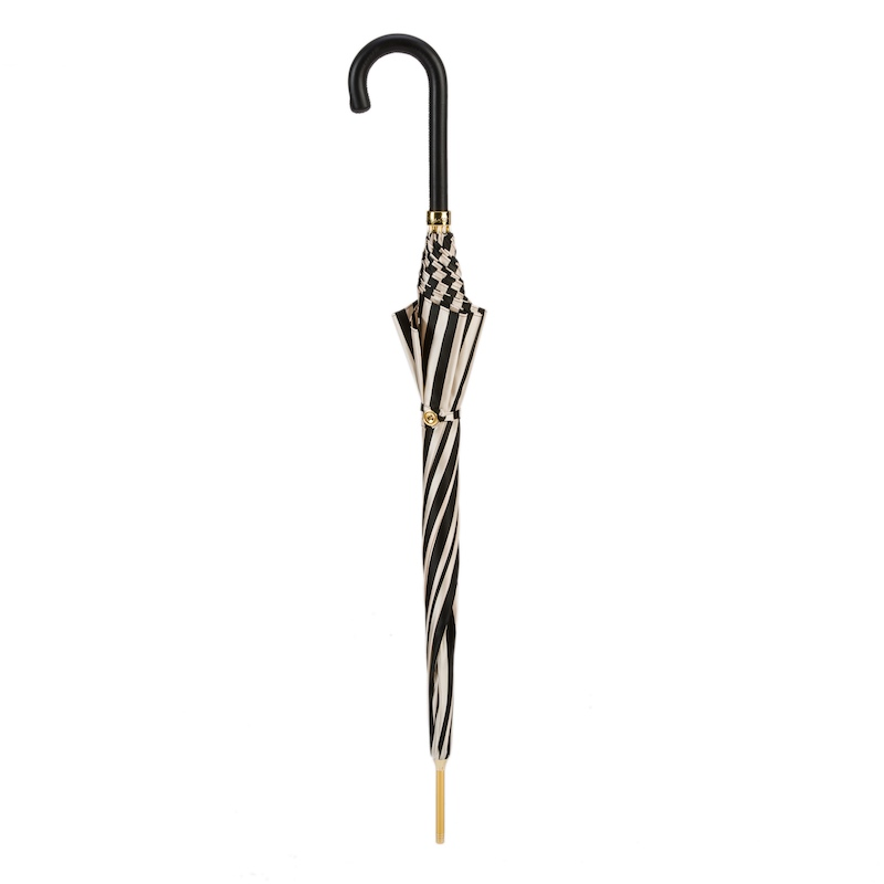 Handmade Italian black and white striped rain umbrella with leather handle by Pasotti, showcasing its elegant design and craftsmanship.