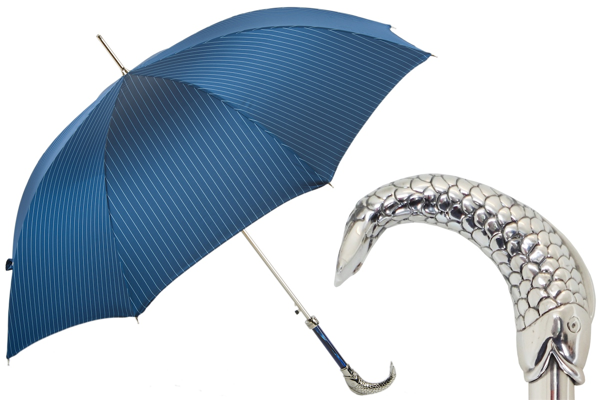 Fish Handle Umbrella – Blue Canopy, Automatic Opening & Handmade Italian Design