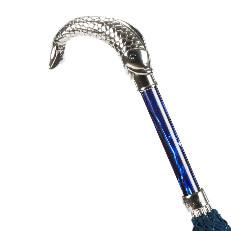 Fish Handle Umbrella – Blue Canopy, Automatic Opening & Handmade Italian Design