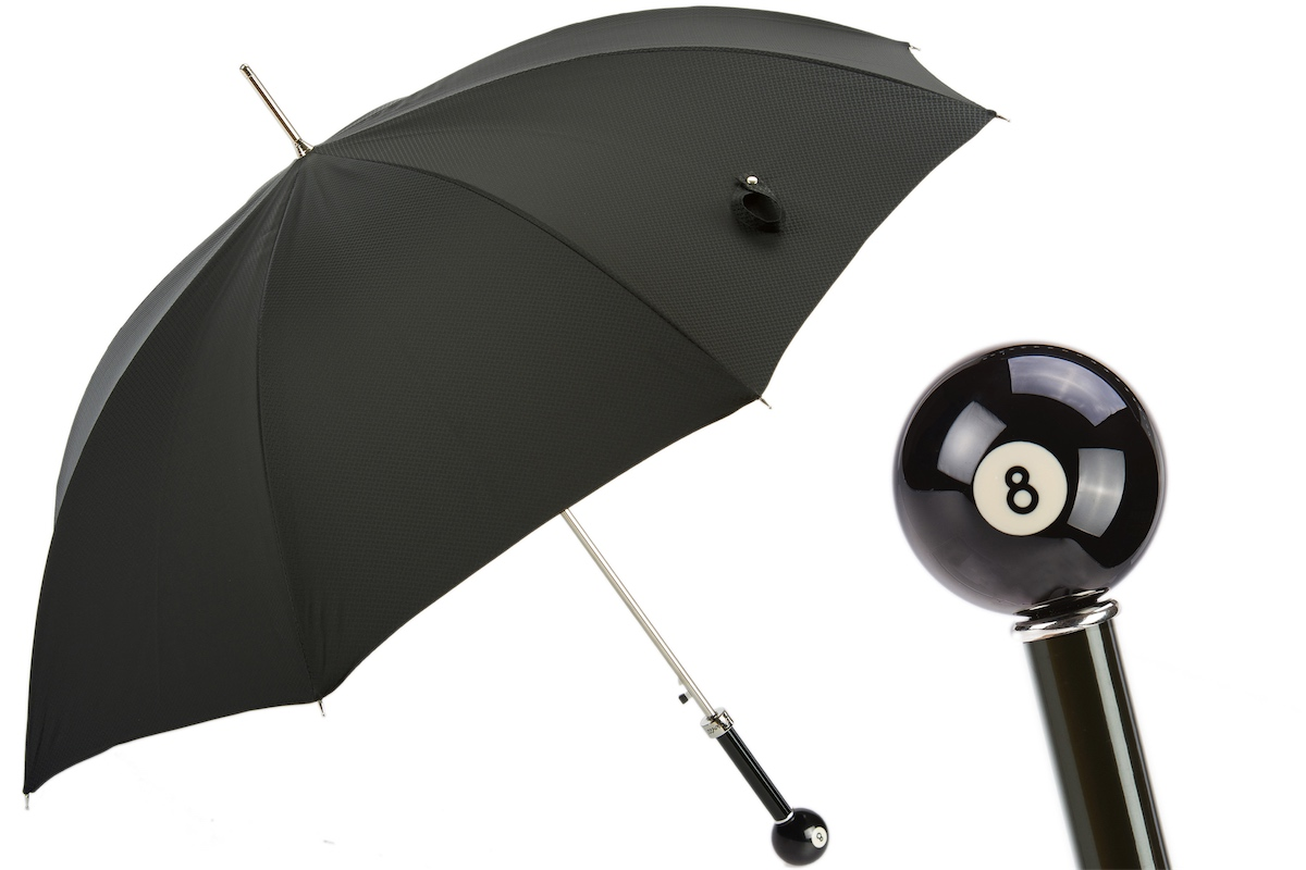 Italian handmade luxury billiard pool umbrella with 8-ball handle, automatic open, designed for men by Pasotti