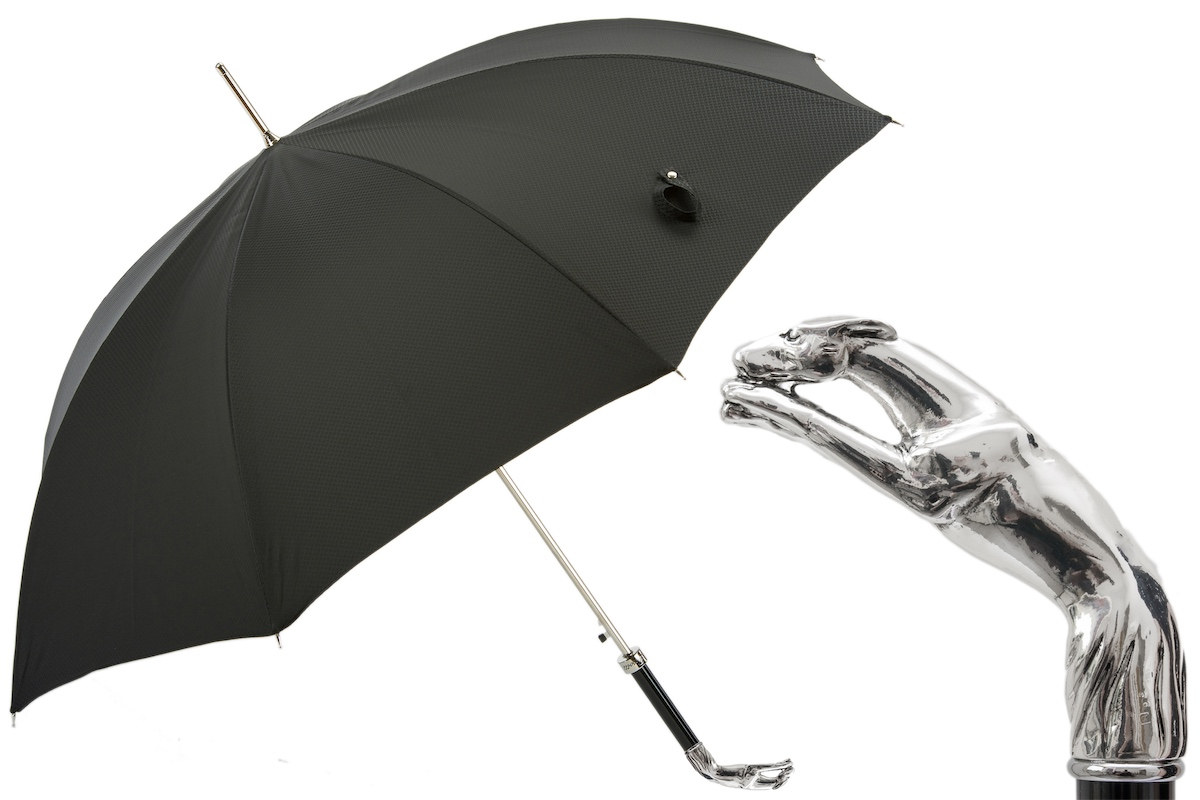 Luxury Designer Umbrella - Automatic Opening, Silver Greyhound Handle, Handmade Italian Craftsmanship