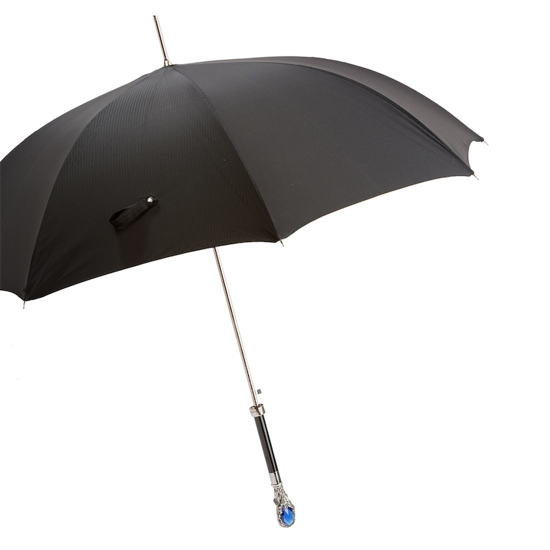 Luxury Black Umbrella – Italian Handmade Rain Umbrella with Blue Gem Handle