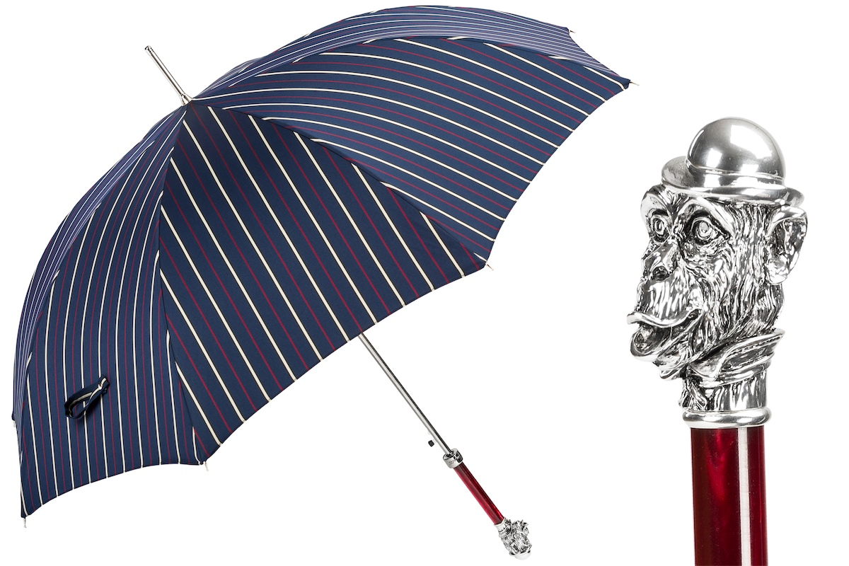 Striped Umbrella – Handmade Italian Luxury With Silver Monkey Handle & Durable Polyester Canopy
