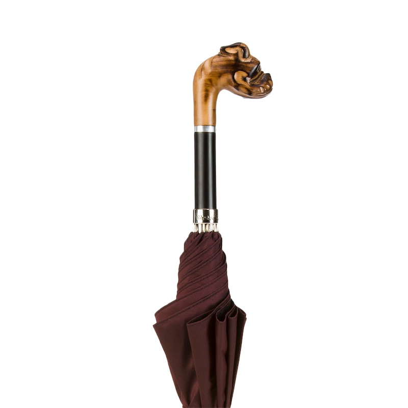Hand Carved Umbrella – Bulldog Design with Wooden Handle | Handmade Italian Rain Gear