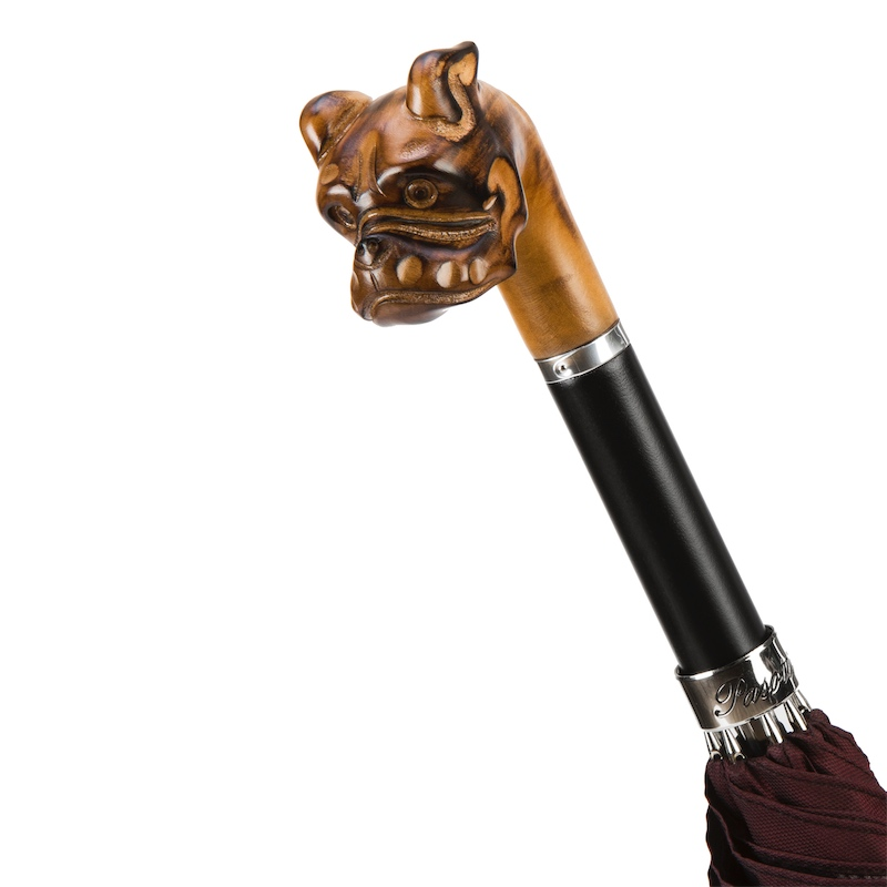 Hand Carved Umbrella – Bulldog Design with Wooden Handle | Handmade Italian Rain Gear