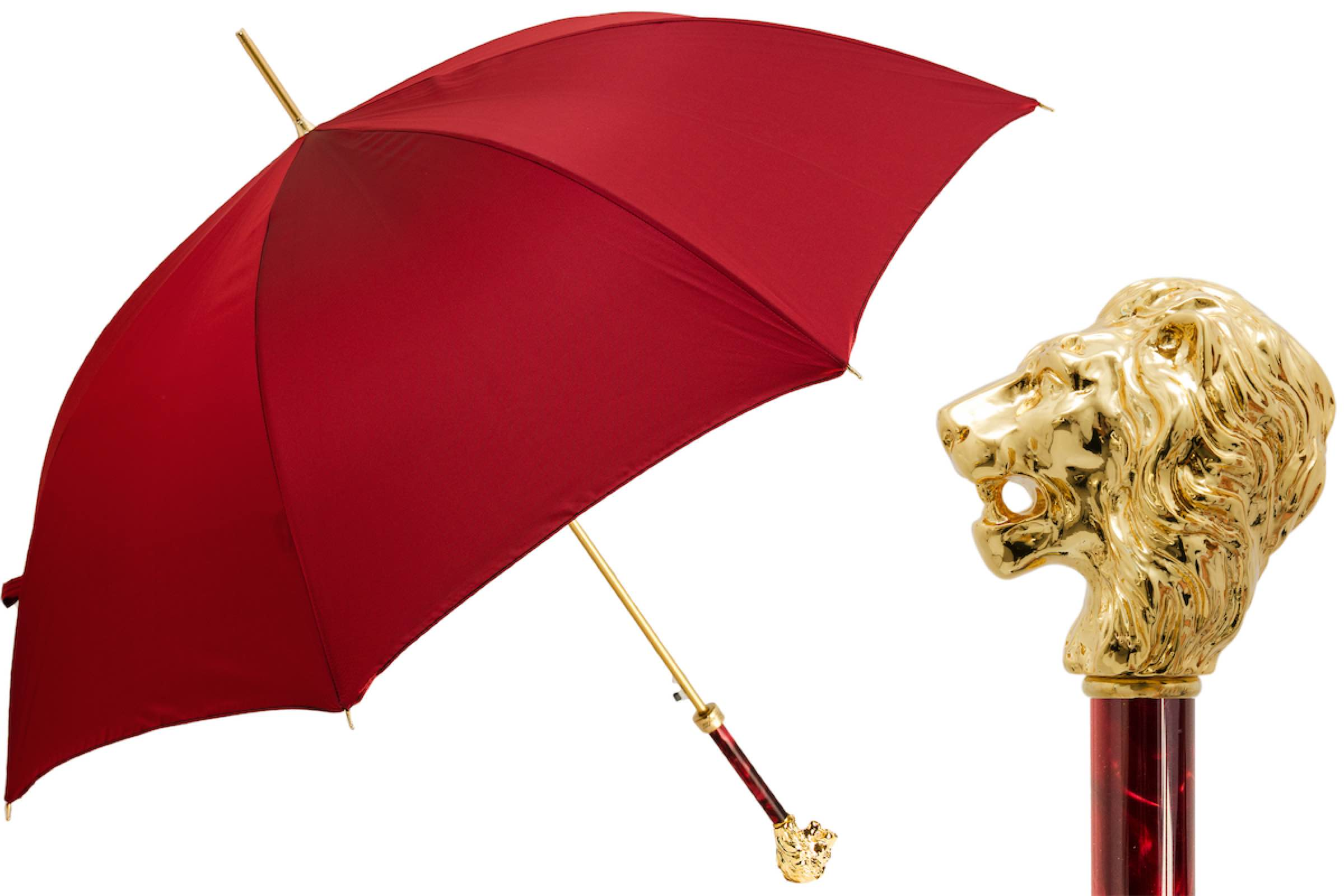 Luxury Red Umbrella – Handmade Italian Craft with Gold Lion Handle & Automatic Open