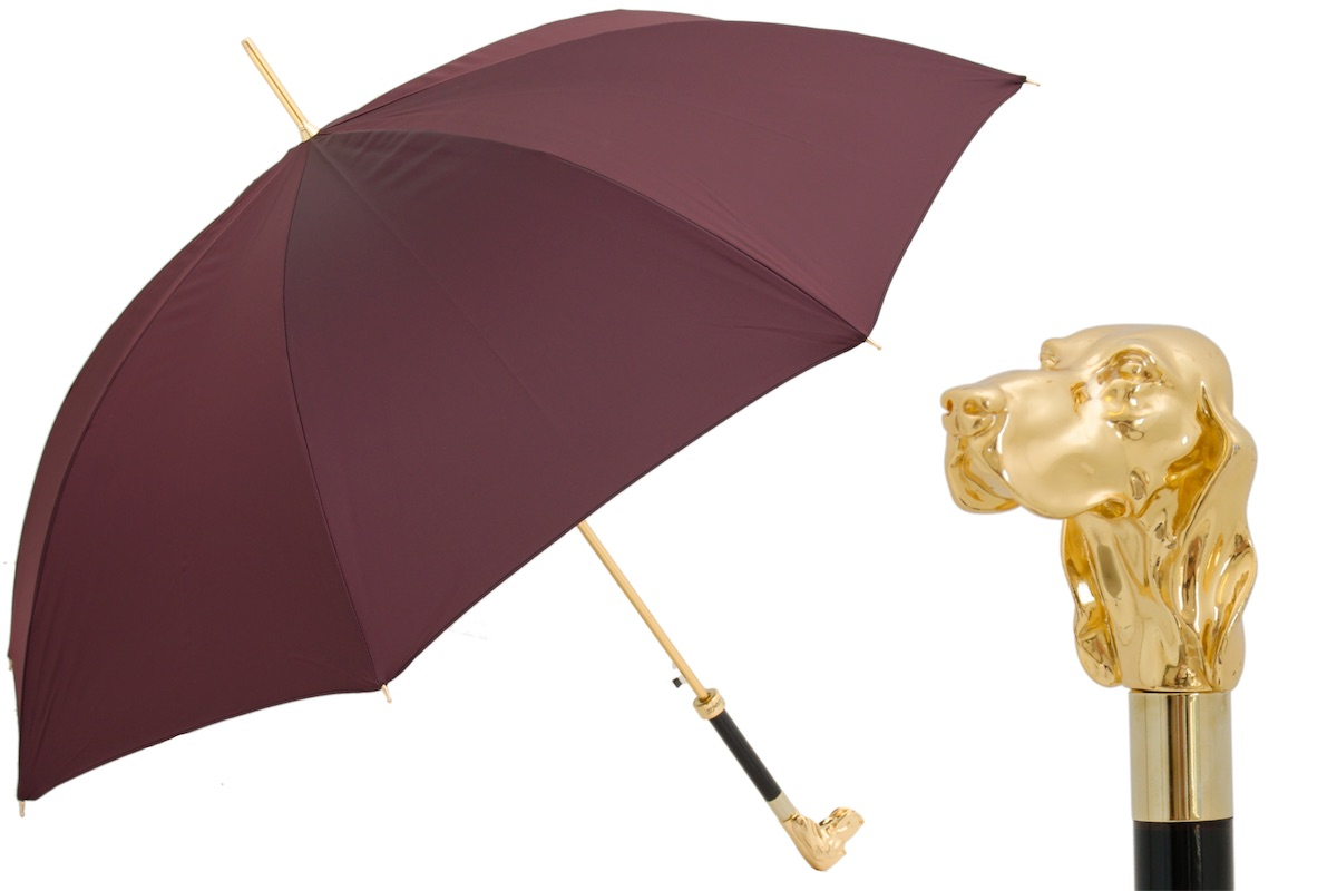 Burgundy Umbrella – Handmade Italian Luxury Men's Rain Umbrella with Golden Dog Handle