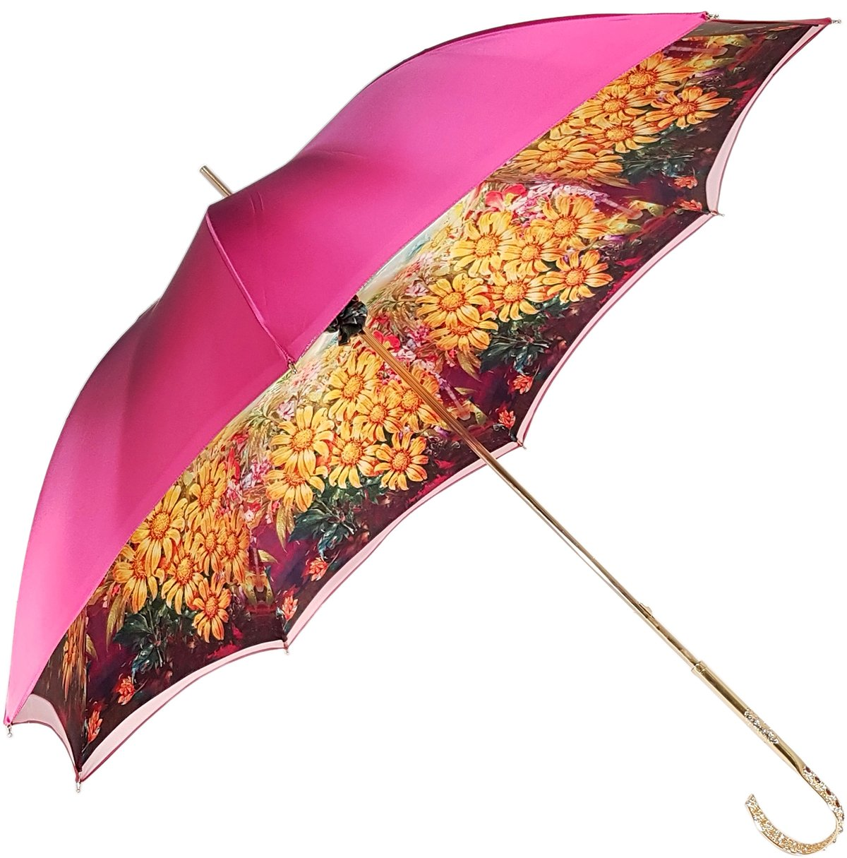Fuchsia Double Canopy Umbrella – Handmade Satin Floral Interior with Swarovski Handle