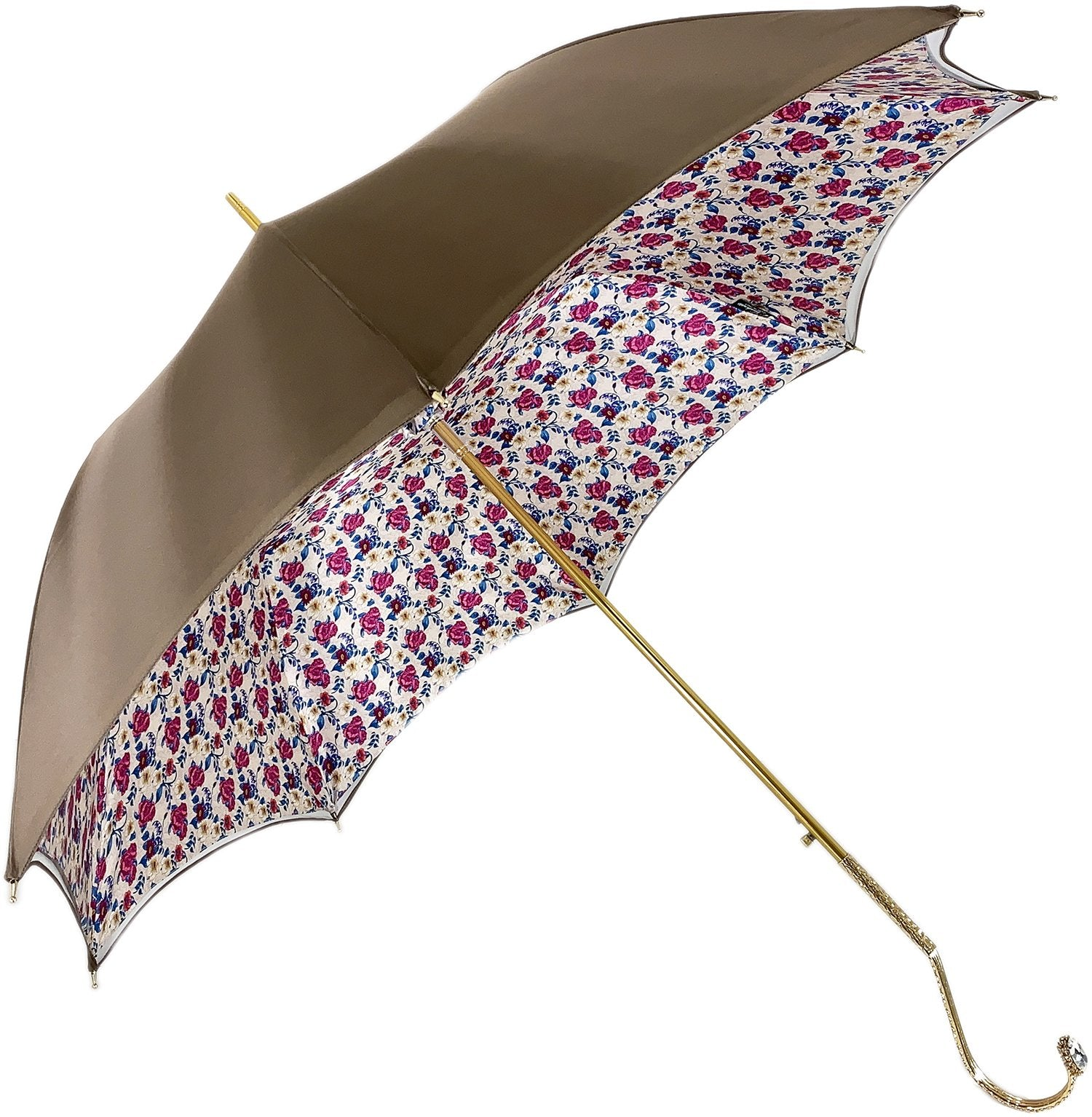 Ivory Umbrella – Handmade Italian Satin Canopy with Fuchsia Floral Interior & 24K Gold Handle