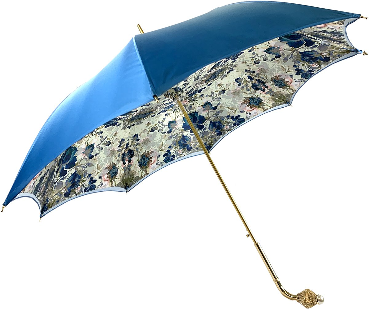Luxury Floral Umbrella – Light Blue Satin, Swarovski Handle, UV Protection