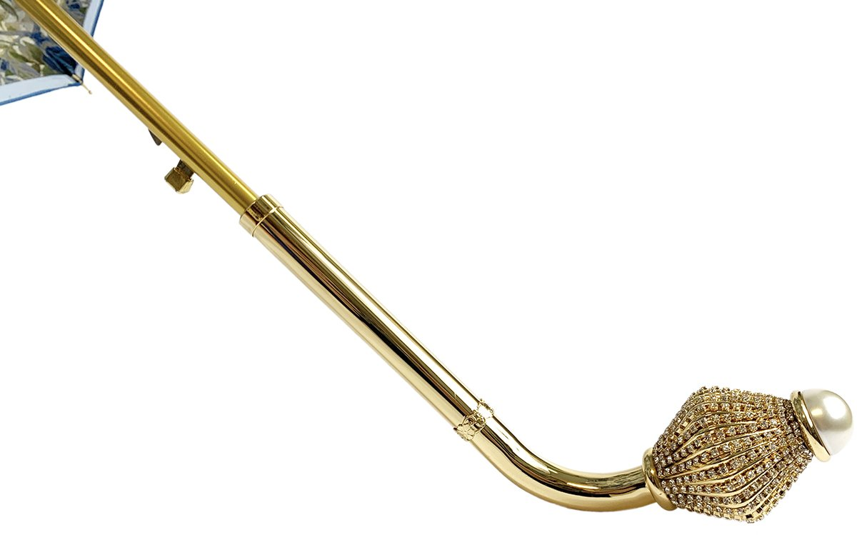 Luxury Floral Umbrella – Light Blue Satin, Swarovski Handle, UV Protection