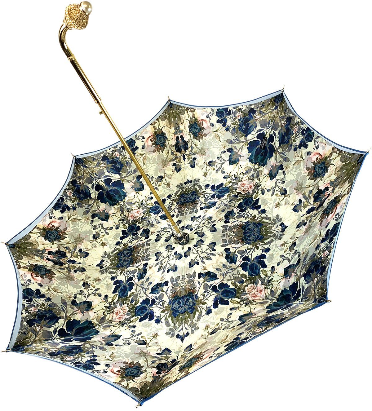 Luxury Floral Umbrella – Light Blue Satin, Swarovski Handle, UV Protection