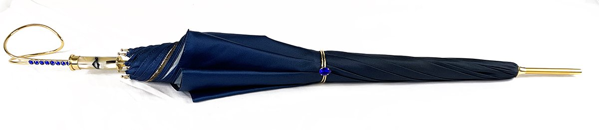 Handcrafted Luxury Umbrella – Italian Satin Double Canopy Rain Umbrella with Blue Swarovski Crystals